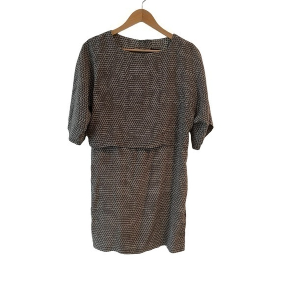 No. 6 Store Taupe 100% Silk Small Print Short Sleeve Mini Cape Dress
